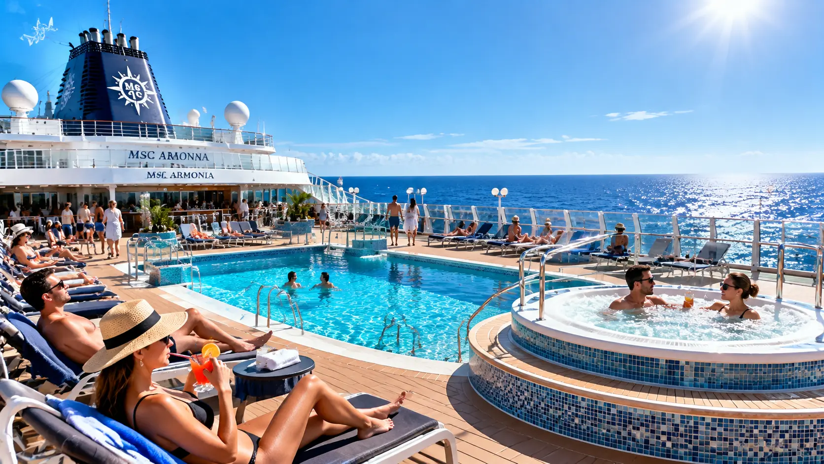 День в море на MSC Armonia: бассейн, джакузи, люди загорают