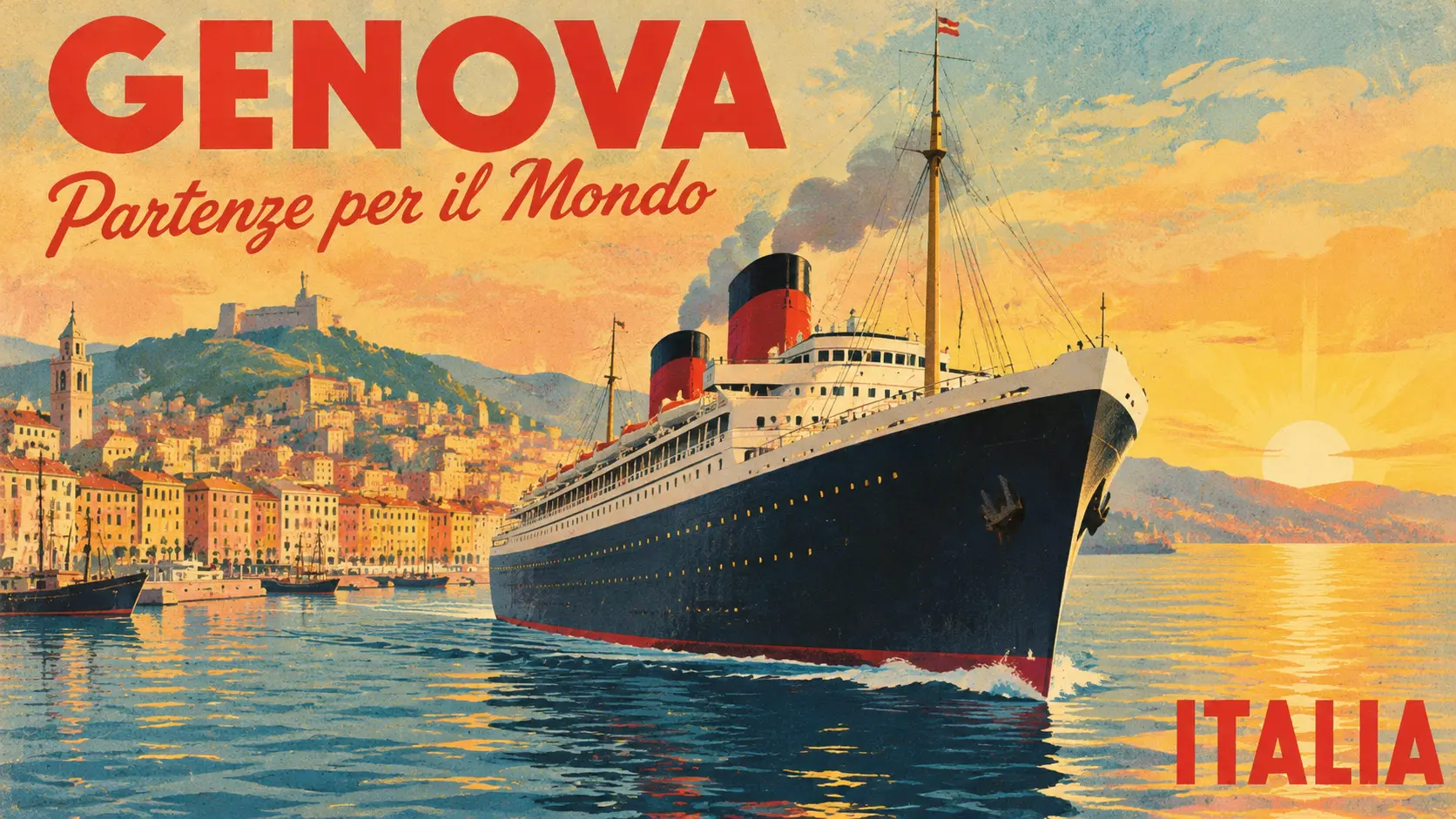 Ретро-постер Costa Cruises в стиле итальянской рекламной графики 1950-х